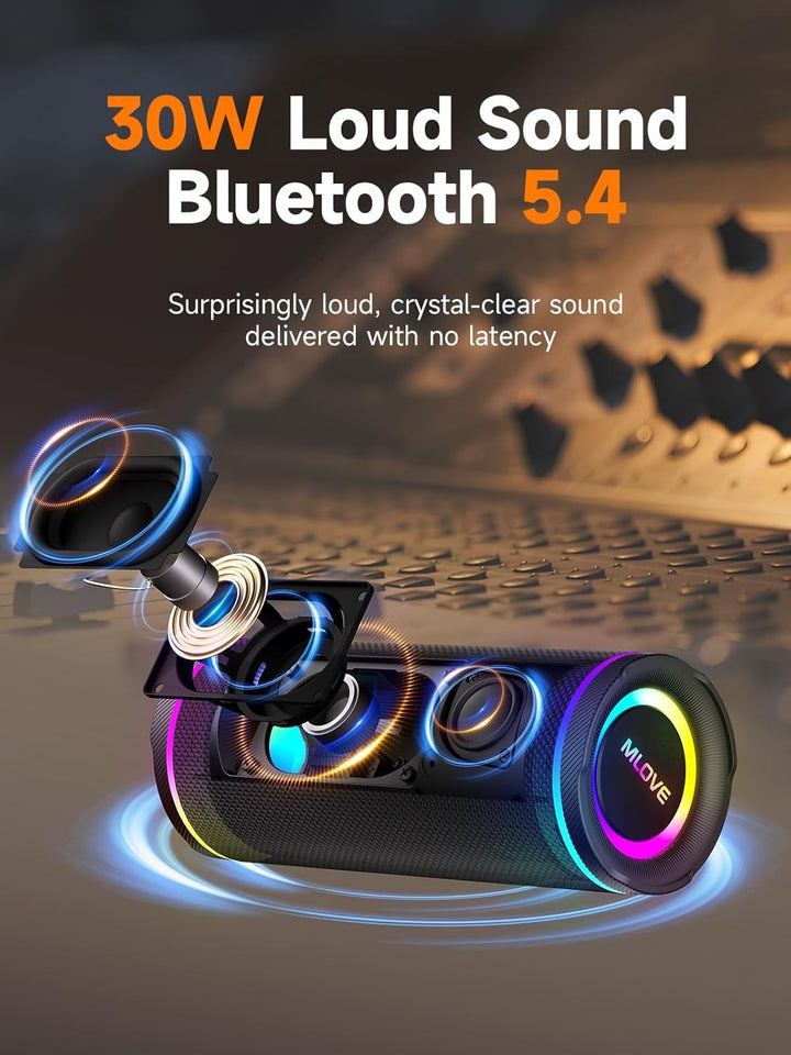 MLOVE E80 Tragbarer Bluetooth-Lautsprecher, 30W, Bluetooth 5.4, IPX7 Wasserdicht, mit Beleuchtung, B