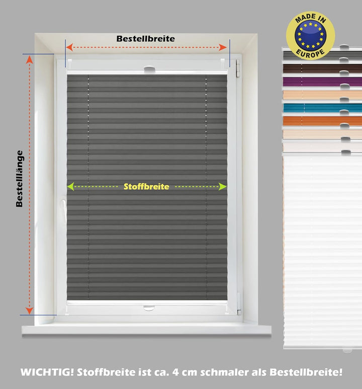 Domdeco Plissee 70x220cm Anthrazit mit weiss lackierten Alu-Profilen, KlemmFix-Halterung zur Montage