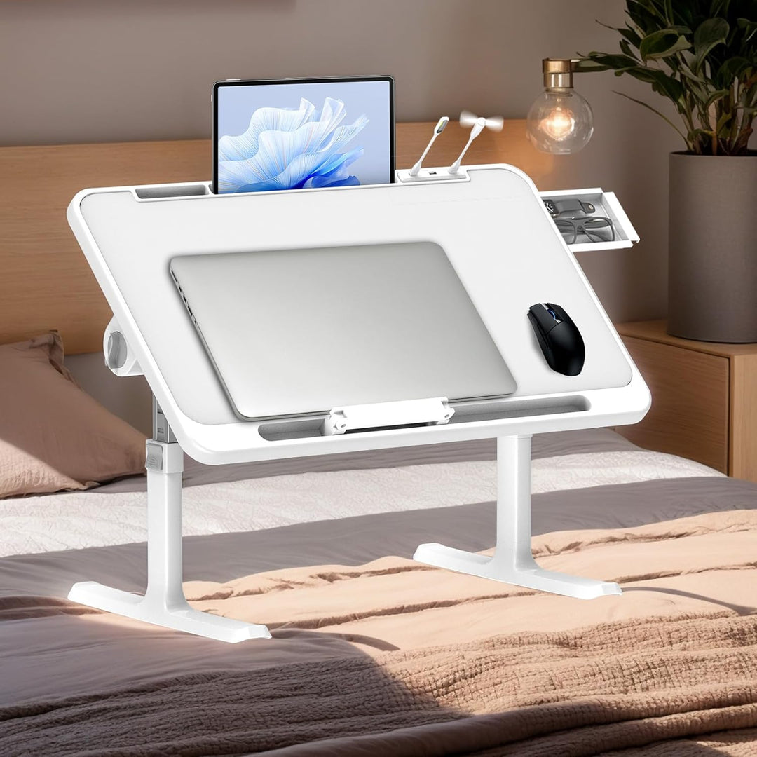 Klappbarer Laptoptisch mit Schublade, LED & Ventilator – Höhenverstellbarer Schreibtisch für Bett, S