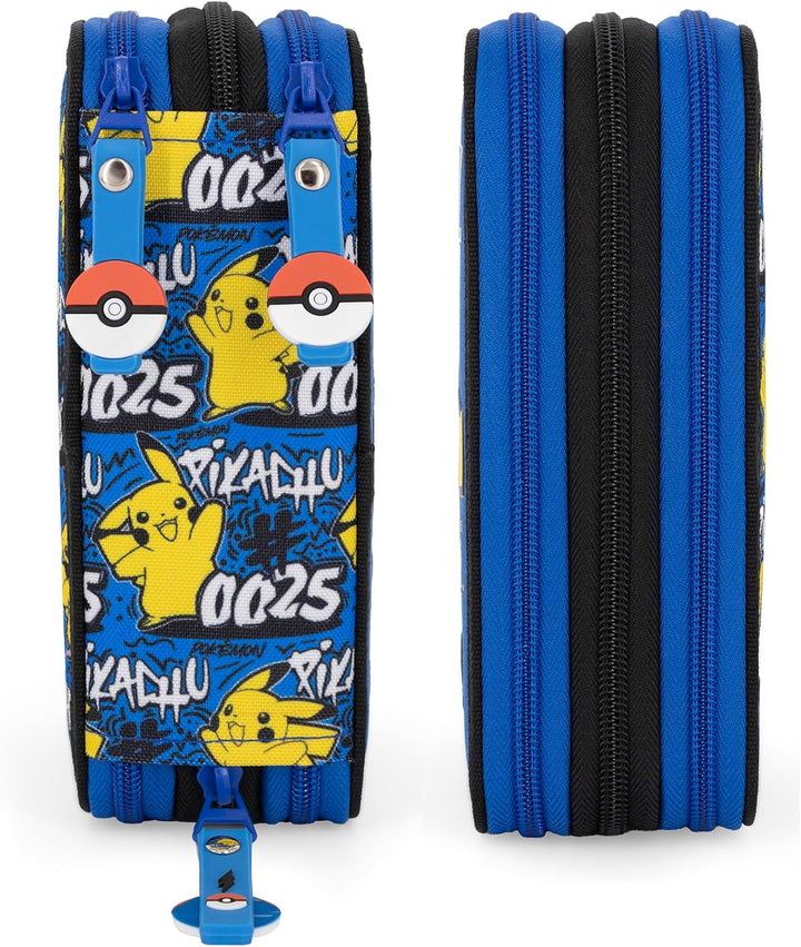 3-Fach Federmäppchen Jungen Gefüllt für Pokemon Fan – Schulmäppchen Set 46 Teile mit Radierbaren Sti