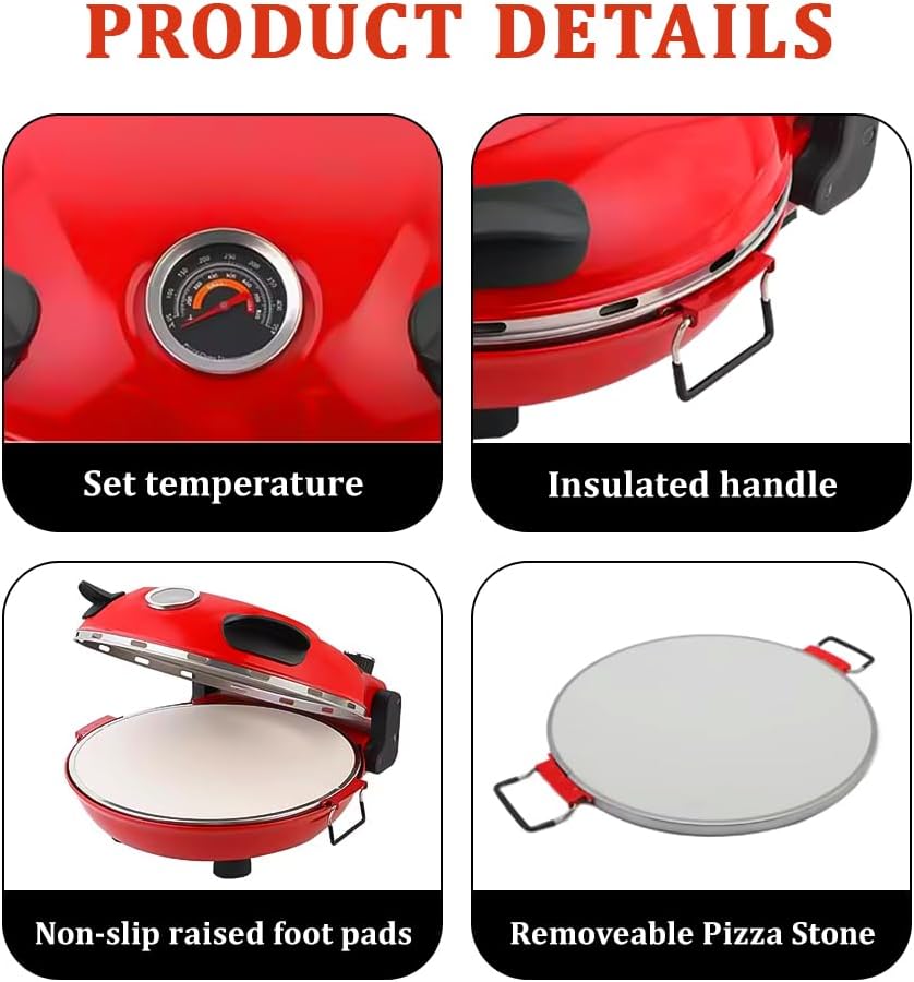 Pizzaofen Elektrisch,Pizzaofen für Zuhause mit 31cm Steinplatte, bis 420°C mit Pfanneneinsatz, 2x Pi