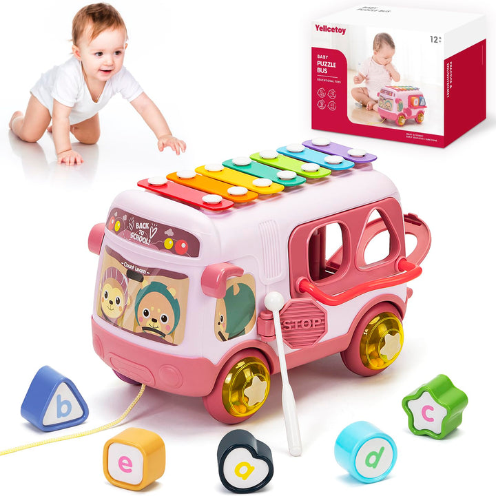 Spielzeug Geschenk ab 1 Jahr Mädchen, Musikalischer Bus mit Xylophon Motorikwürfel Rassel Rad, Baby