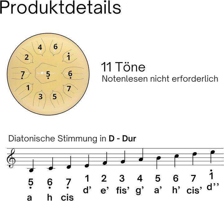 Sonodrum Zungentrommel "Standard 30cm D-Dur" in Gold - Tongue Drum inkl. Schlägel, gratis Liederbuch