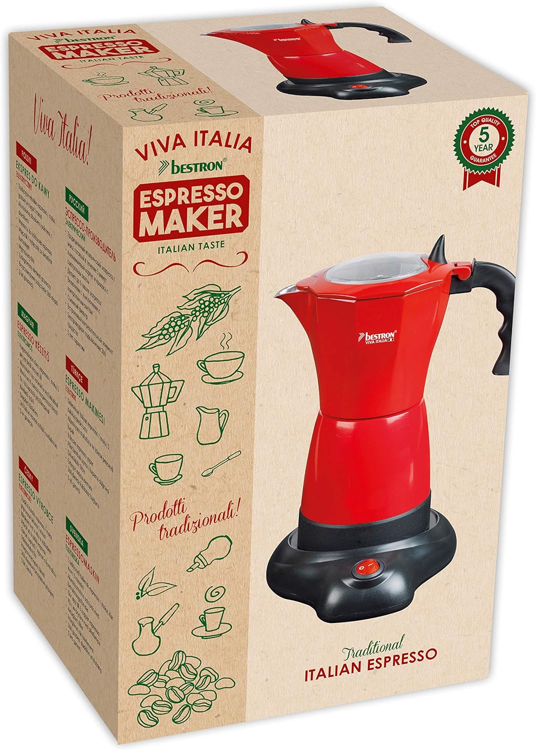 Bestron Elektrischer Espresso-Kocher mit Basis, Viva Italia, Für 6 Espressotassen: 180 ml, 480 Watt,