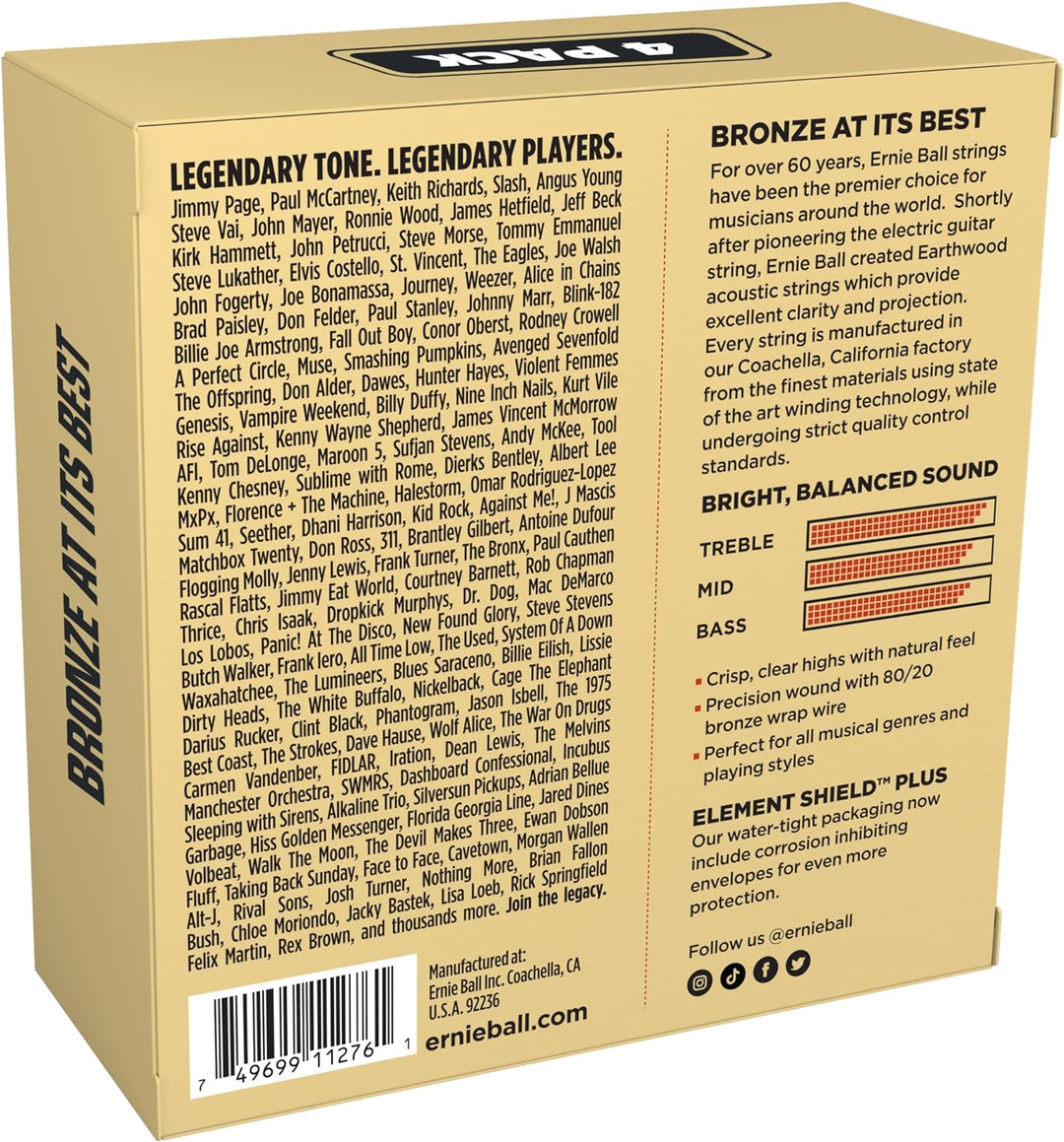 Ernie Ball Earthwood Light Akustik-Gitarrensaiten, 80/20-Bronze, 4 Pakete, Stärke 11–52 4er-Pack Lig