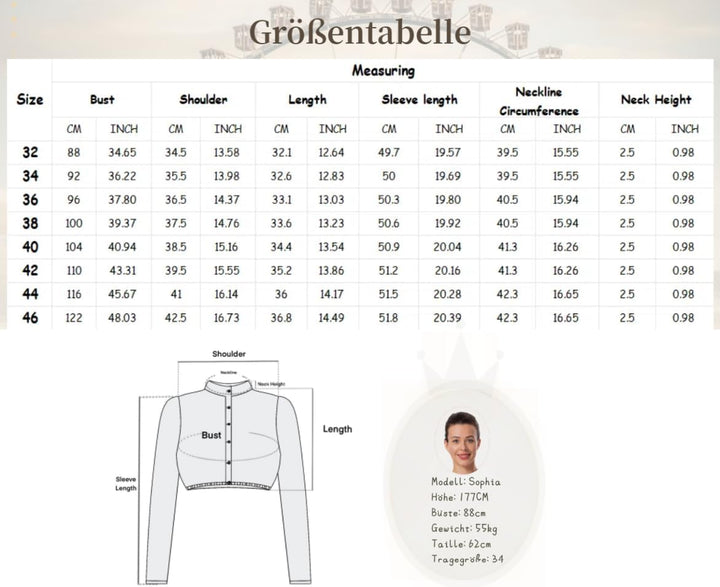 Dirndlwelle Dirndlbluse Damen Langarm 3/4 Arm Trachtenbluse Klassisch Dirndl Bluse Kurzarm für Oktob