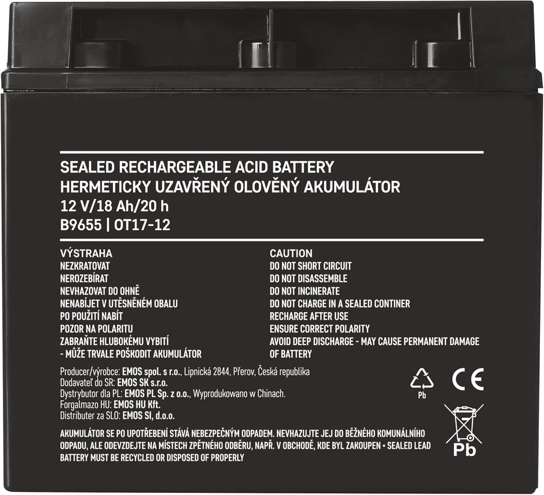EMOS - Wartungsfreier Bleiakku - 12V 18Ah - AGM Batterie - Für Notbeleuchtung, Alarmsysteme, USV-Ger
