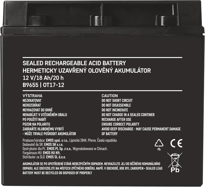 EMOS - Wartungsfreier Bleiakku - 12V 18Ah - AGM Batterie - Für Notbeleuchtung, Alarmsysteme, USV-Ger