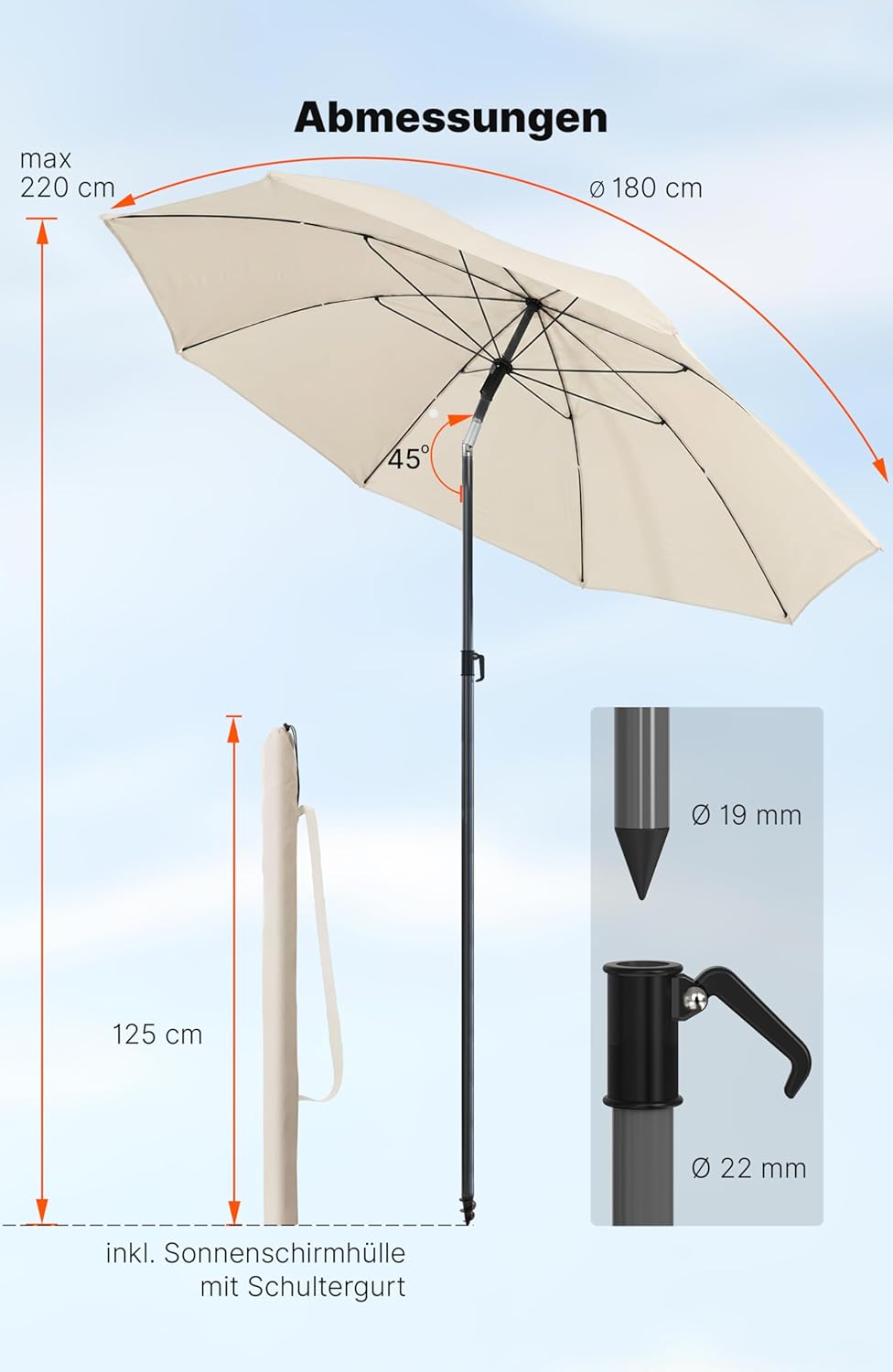 4smile Sonnenschirm Strand SunnyJoy, Beige - UPF 50+ Strandschirm Ø 180 cm, sicherer Sonnenschutz St