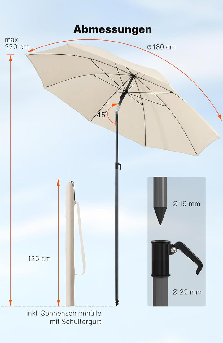 4smile Sonnenschirm Strand SunnyJoy, Beige - UPF 50+ Strandschirm Ø 180 cm, sicherer Sonnenschutz St