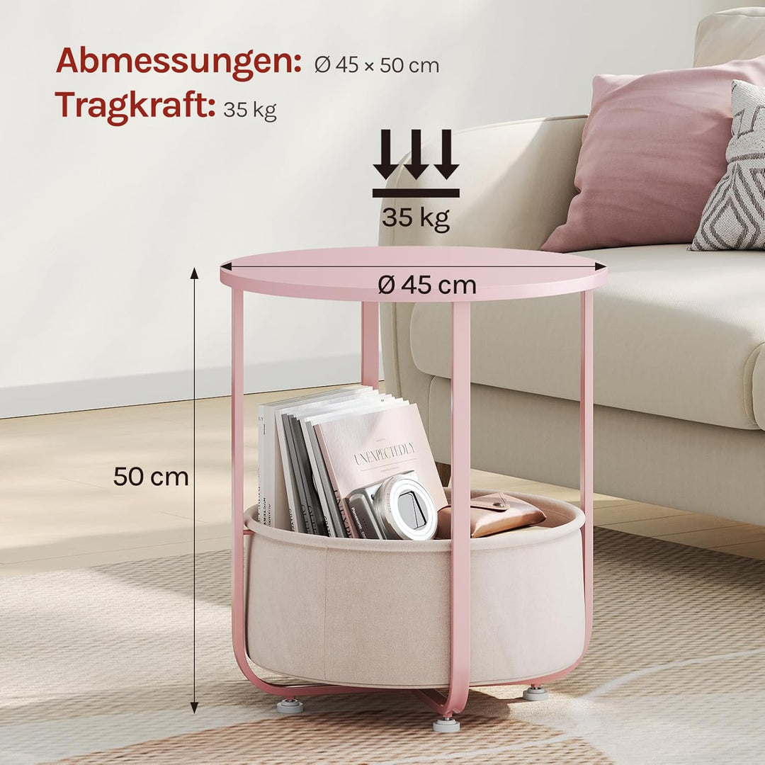 WOLTU Couchtisch rund, Kleiner Beistelltisch, mit abnehmbarem Stoffkorb, Metallrahmen, für Sofa Wohn