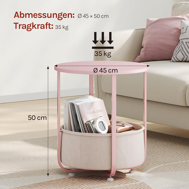 WOLTU Couchtisch rund, Kleiner Beistelltisch, mit abnehmbarem Stoffkorb, Metallrahmen, für Sofa Wohn