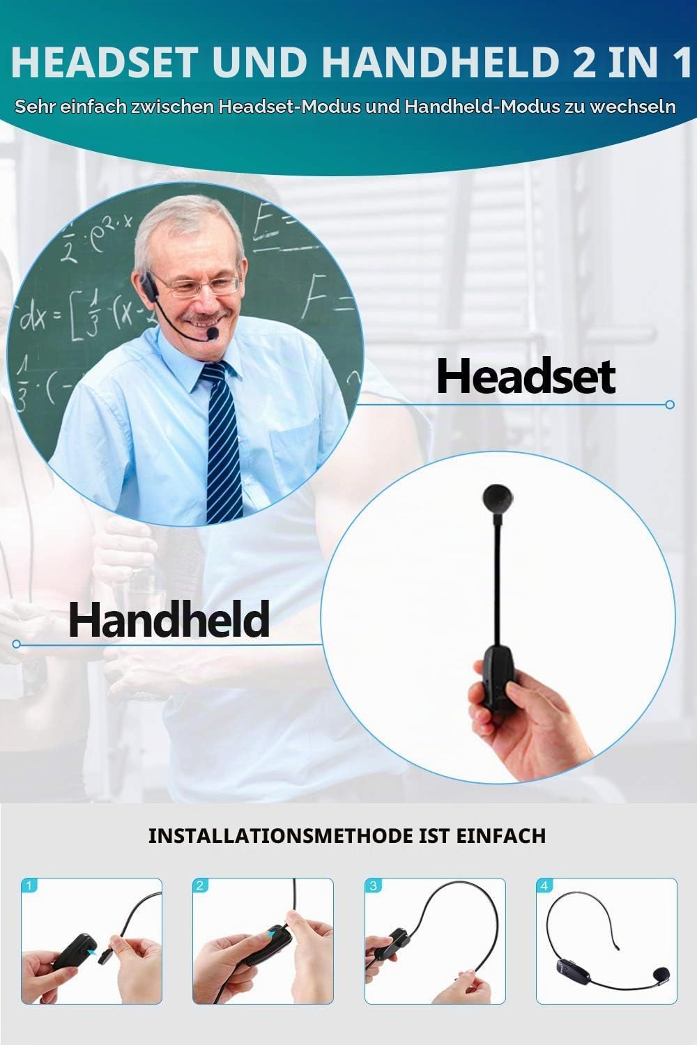 2in1 UHF drahtlos Headset Mikrofon wiederaufladbar 50M 6,35mm&amp; 3,5mm Stecker kabellos Mikrofon für S
