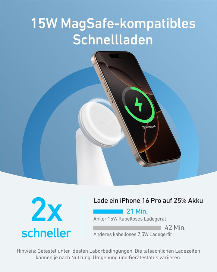 Anker MagGo MagSafe kompatibles 2-in-1 Ladegerät, Qi2 Zertifiziert 15W Schnellladegerät Ständer, Ein