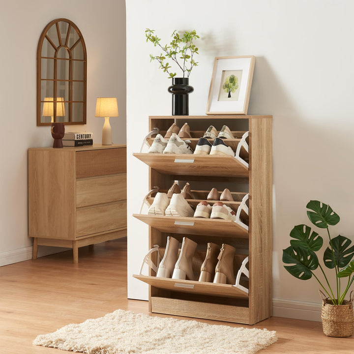 [en.casa] Schuhschrank Sykkylven Schuhkipper mit 3 Klappen Schuhkommode für 12 Paar Schuhe 103 x 60