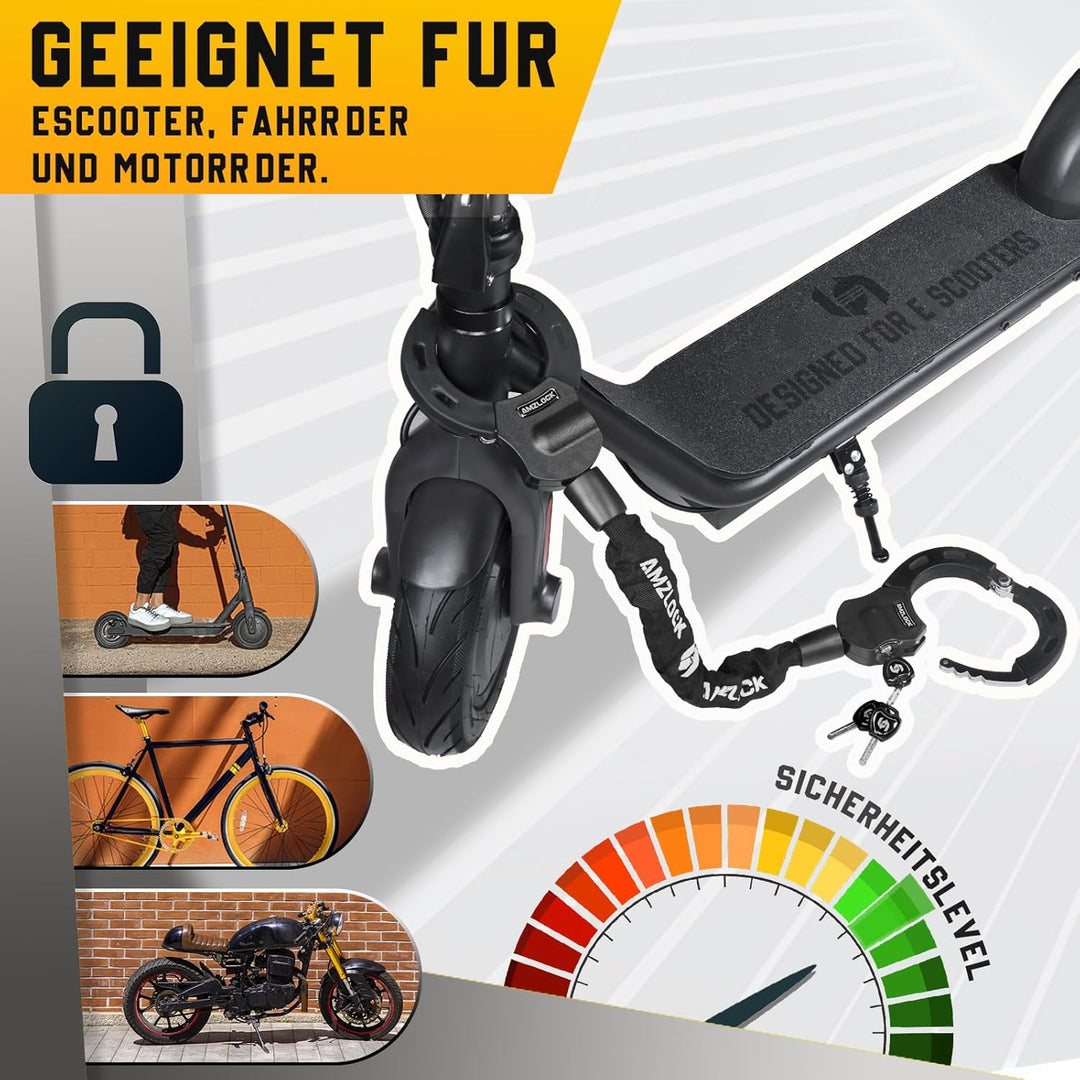 AMZLOCK E Scooter Schloss mit Tasche | 8mm Dicke Kettenschloss | Handschellenschloss für E Scooter |