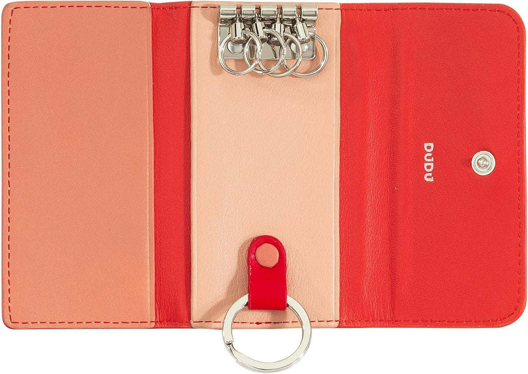 DUDU Schlüsseletui aus farbigem Leder, mit 5 Schlüsselringen, minimalistisches Design, mit Knopfvers