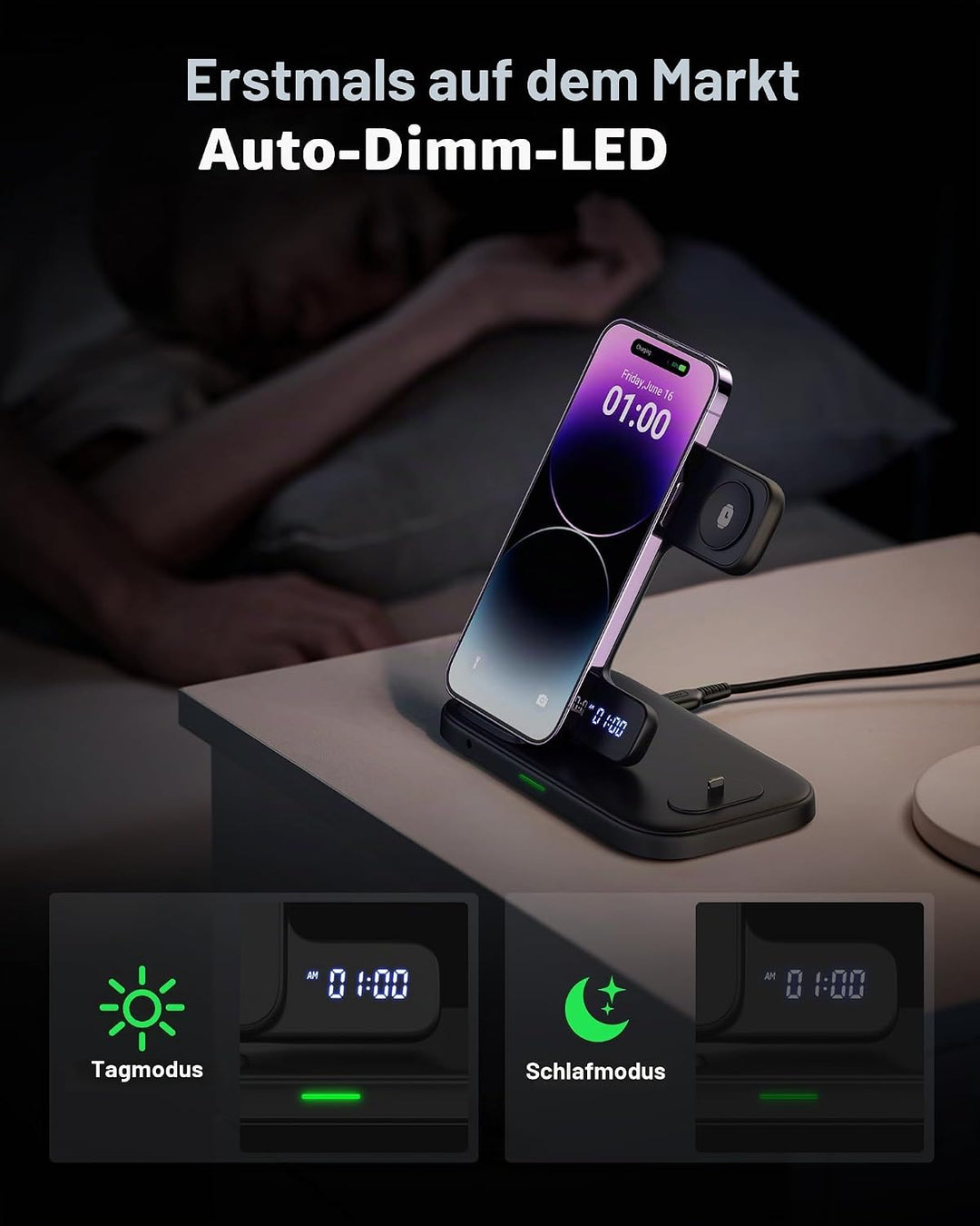 INIU 3 in 1 Kabelloses Ladegerät, Induktive Ladestation für Apple Watch und iPhone, Wireless Charger