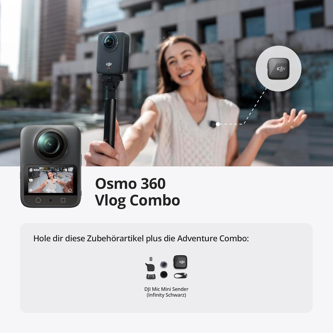DJI Osmo 360 Vlog Combo, 360 Kamera ideal für Vlogger mit Mic Mini Sender, verlängerte Akkulaufzeit