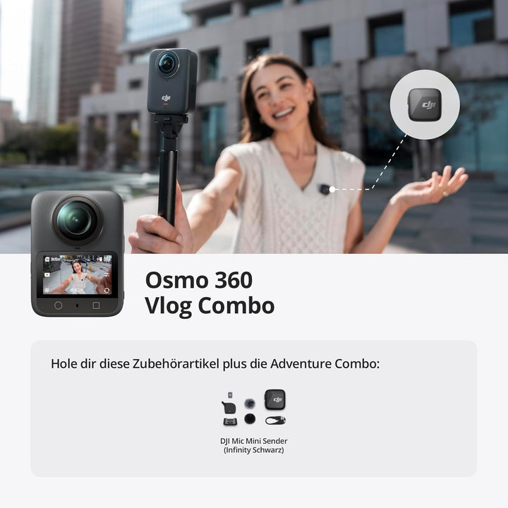 DJI Osmo 360 Vlog Combo, 360 Kamera ideal für Vlogger mit Mic Mini Sender, verlängerte Akkulaufzeit