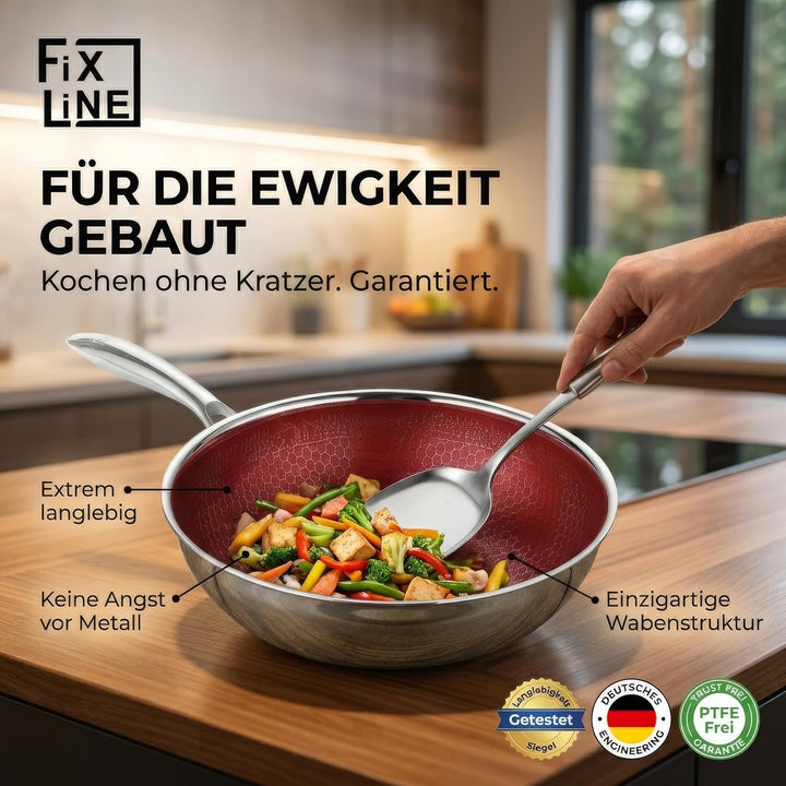 FIXLINE® Black Forest Wokpfanne 28cm - RED Edition - kratzfeste Beschichtung - alle Herdarten inkl.