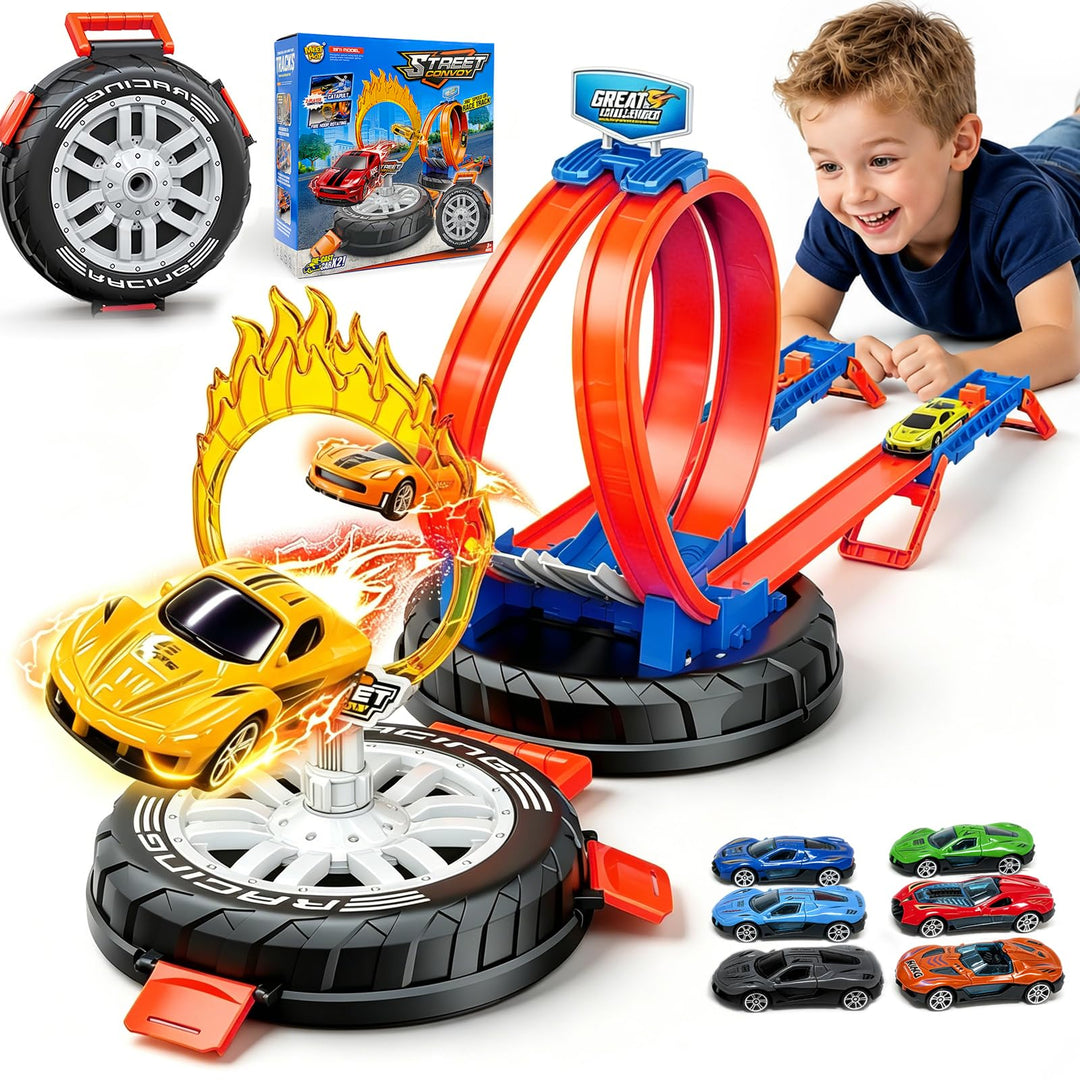 Autorennbahn Rennspielzeug Kinder mit 6 Spielzeugautos 2 Rampen 1 Reifenaufbewahrungsbox für Mädchen