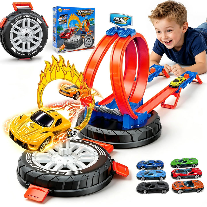 Autorennbahn Rennspielzeug Kinder mit 6 Spielzeugautos 2 Rampen 1 Reifenaufbewahrungsbox für Mädchen