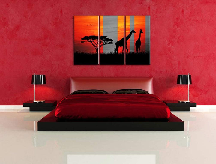Afrika Giraffen im Sonnenuntergang schwarz/weiss 3-Teiler Leinwandbild 120x80 Bild auf Leinwand, XXL