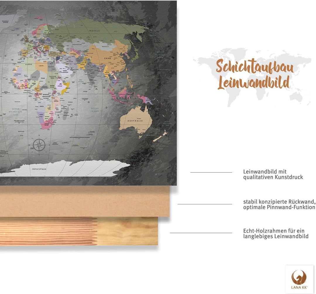 LANA KK - Weltkarte Leinwandbild mit Korkrückwand zum pinnen der Reiseziele – „Worldmap Edelgrau” -