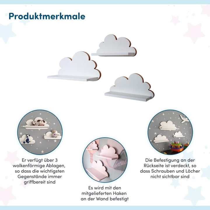 3er Set Wandregal Kinderzimmer Weiss | Babyzimmer Wolkenregal für Bücher, Spielzeug, Dekoration | Re