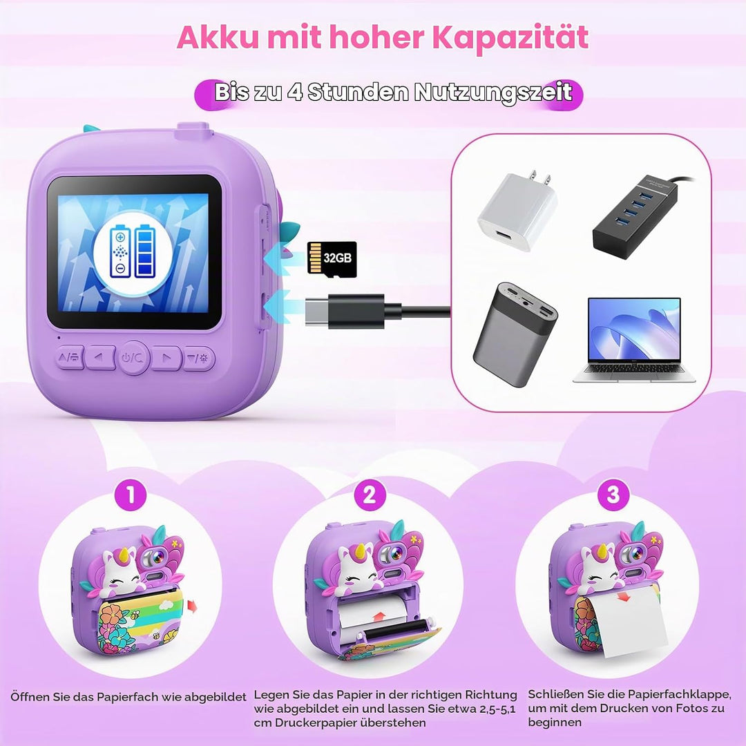 TIATUA Kinderkamera Sofortbildkamera, 1080P 2,4 Zoll Sofortbildkamera Kinder mit 32G Karte und 3 Rol
