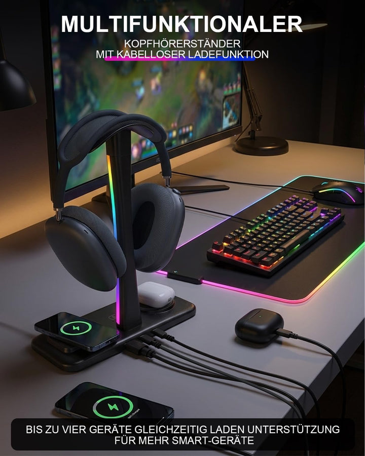 3 in 1 RGB Gaming Kopfhörerständer mit 15W kabellosem Ladegerät Wireless Charging, Headset Halterung