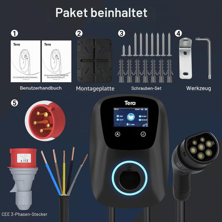 Tera EV Ladegerät Smart APP mit 32A Typ 2 22kW oder 11kW Heim Ladestation 400V CE & TÜV Wallbox 7m L