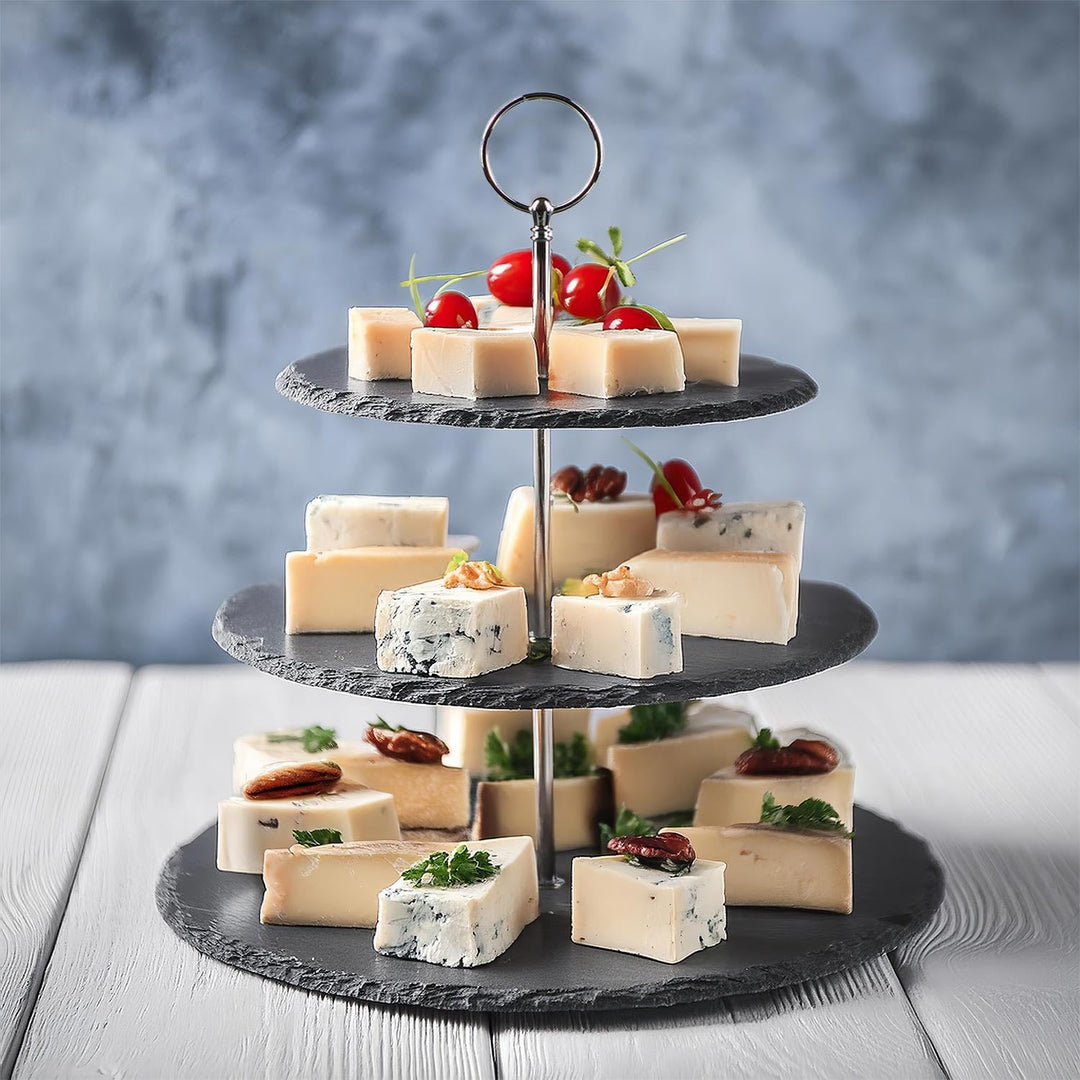 Dimono® Etagere Premium Servier-Ständer 3-Etagen; Servier-Tablett aus echten Schiefer-Naturstein für