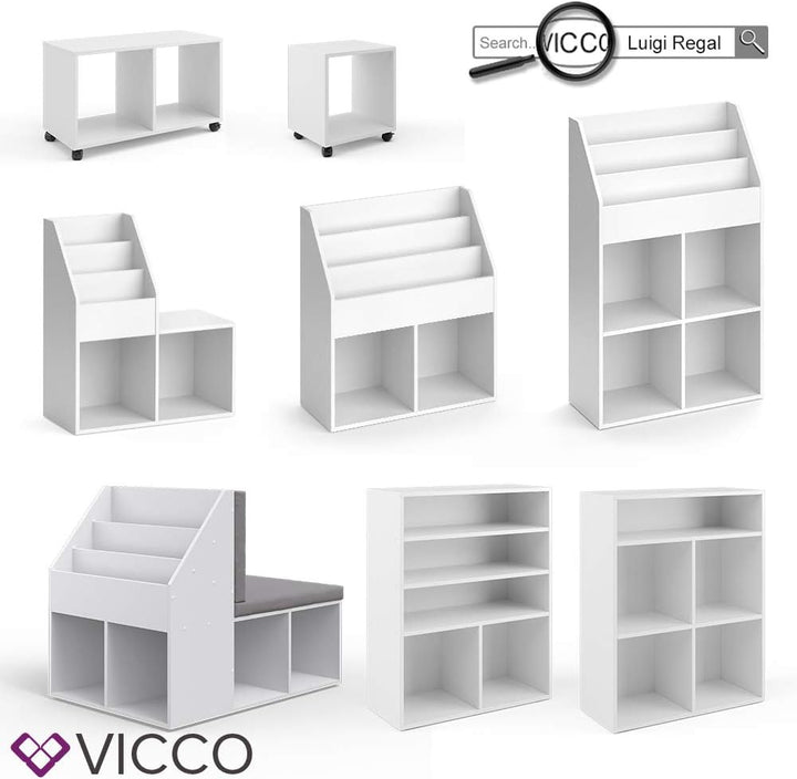 Vicco Kinderregal Luigi, Weiss, 72 x 42.4 cm, auf Rollen fahrbar mit Zwei offenen Ablageflächen 2 Fä