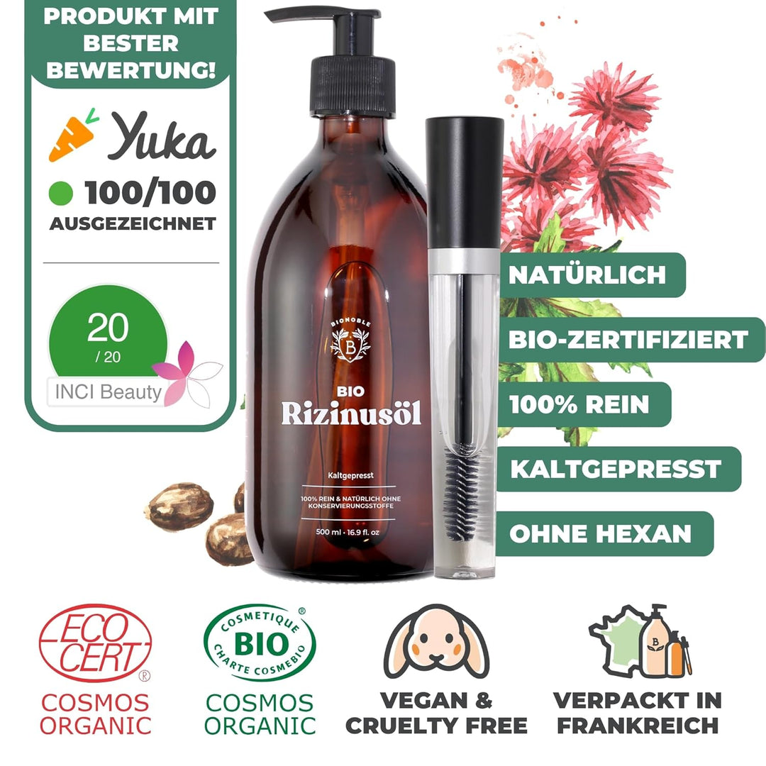 BIONOBLE Rizinusöl Kaltgepresst Bio + Mascara-Kit, 100% Natürlich - Wachstumsfördernd, Repariert - R