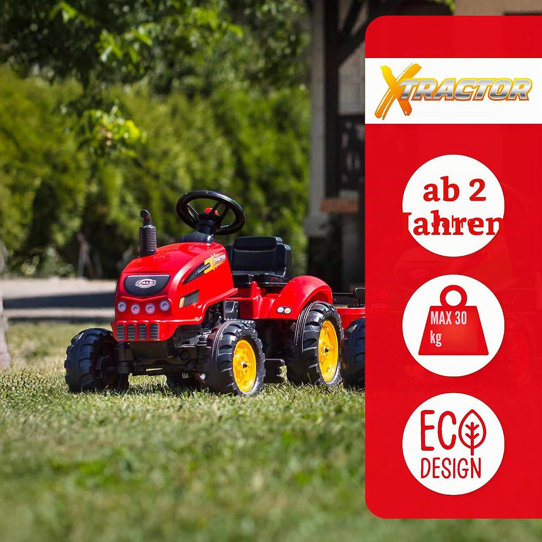 FALK - Traktor mit Pedalen X Tractor – Rot – mit Haube zum Öffnen und Anhänger ab 2 Jahren – 2046AB