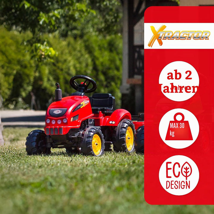 FALK - Traktor mit Pedalen X Tractor – Rot – mit Haube zum Öffnen und Anhänger ab 2 Jahren – 2046AB