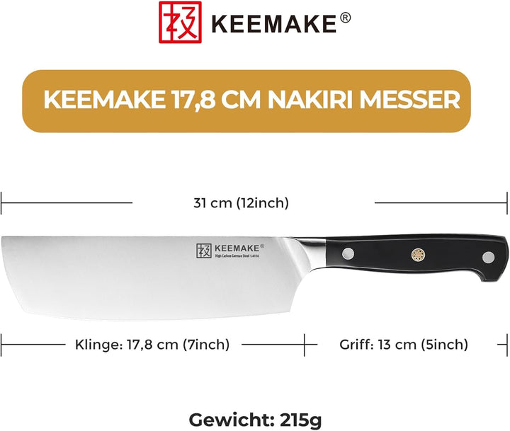 KEEMAKE Küchenmesser Hackmesser 20cm, Nakiri Kochmesser aus hochwertigem Carbon Edelstahl, Scharfe M