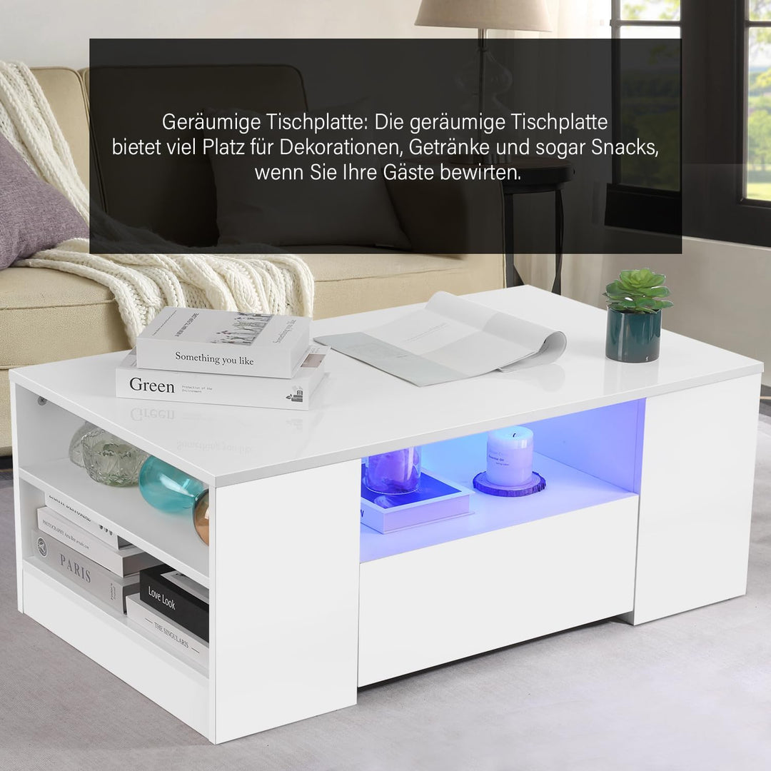 Couchtisch mit LED-Beleuchtung, Modern Sofatisch Wohnzimmertisch mit 2 Schublade, 100x55x37cm Weiss,