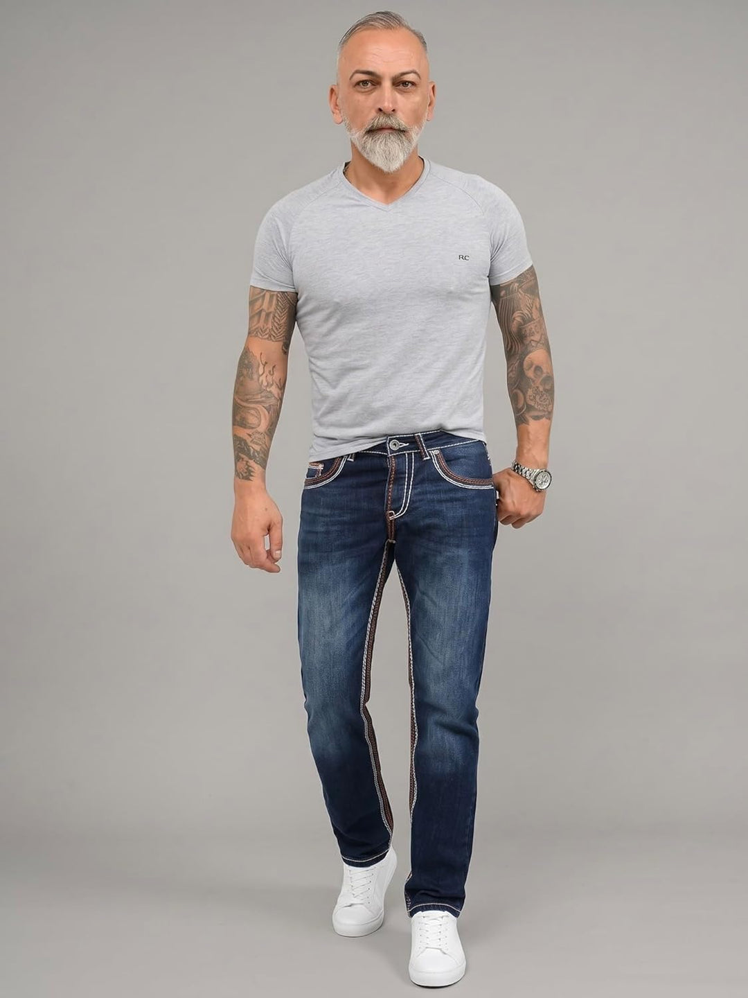 Rock Creek Herren Designer Jeans Hose Dicke Nähte Vintage Blau RC-2056 33W / 36L Dunkelblau - Rc-216