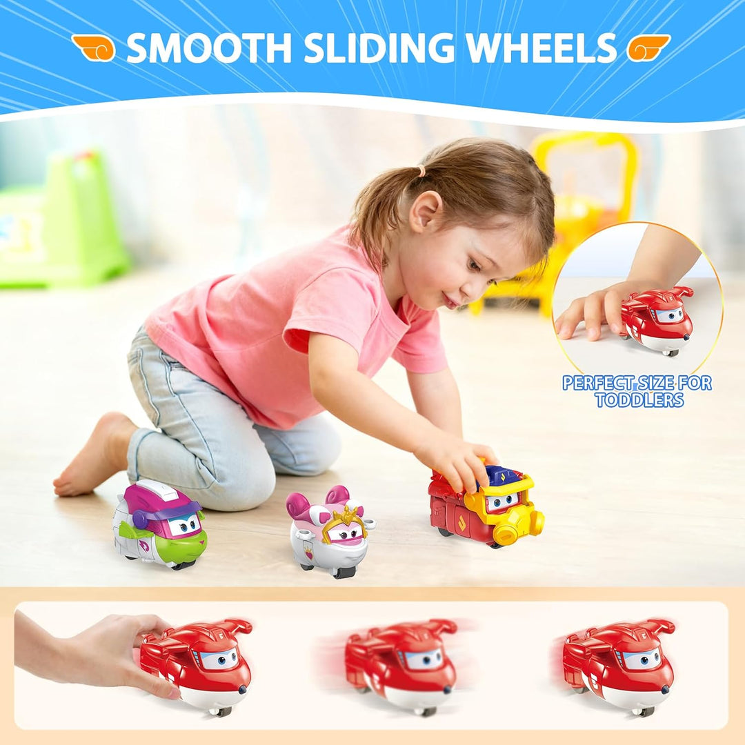 Super Wings 2 inch Verwandlungsspielzeug 4er Pack, Jett, Curie, Runi und Sara, Flugzeug Spielzeug Fa