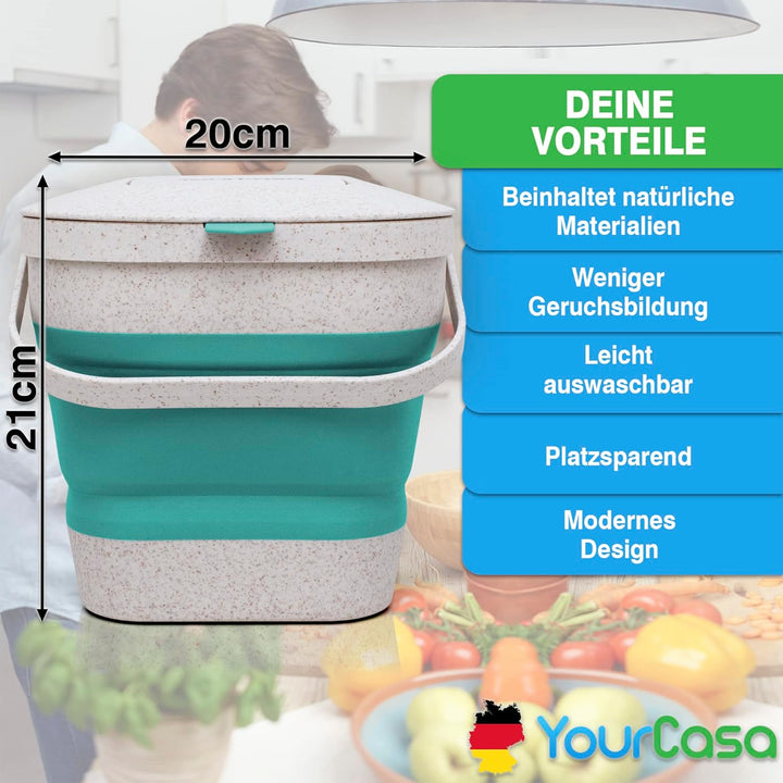 YourCasa® Faltbarer Biomülleimer 4L - kompakter Bio Mülleimer mit geruchsdichtem Aktivkohlefilter-De