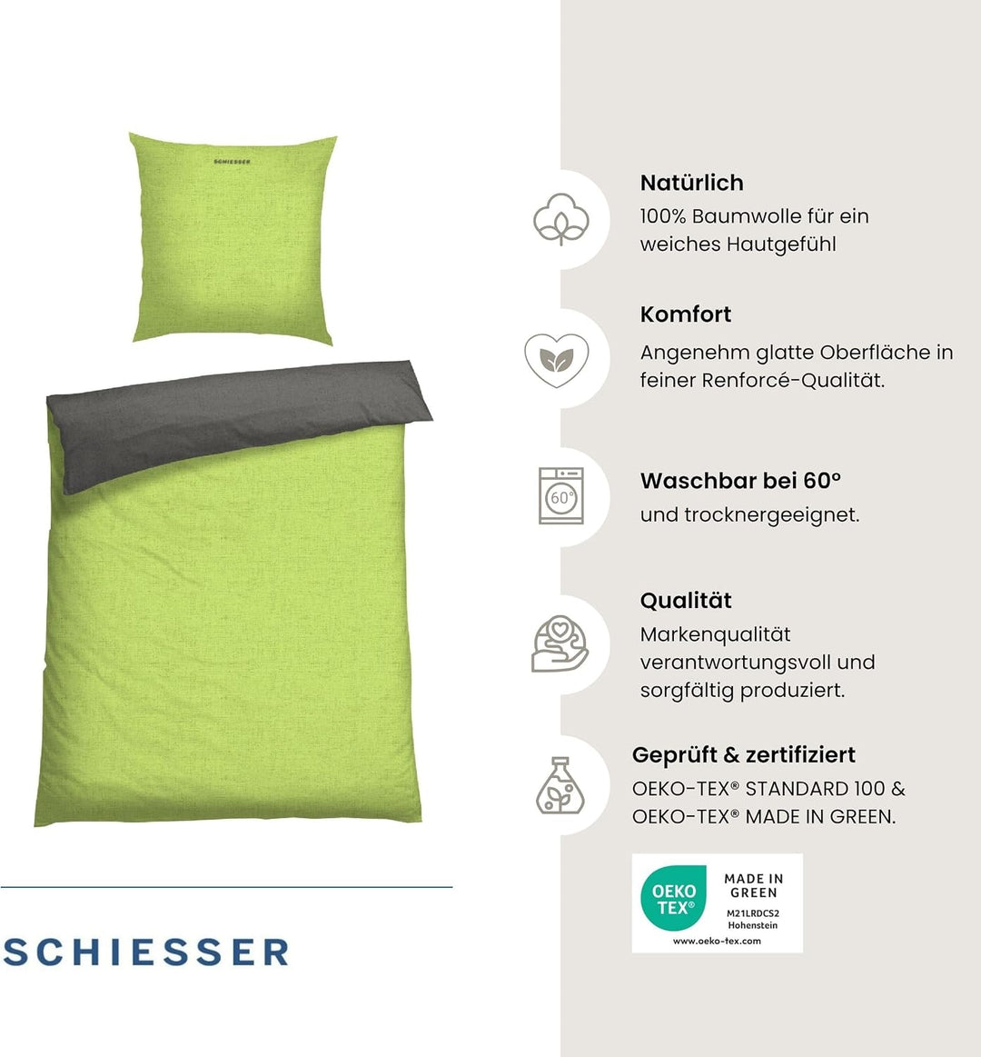 Schiesser Wende-Bettwäscheset Doubleface in angenehm glatter Renforcé Qualität, Made IN Green, Farbe