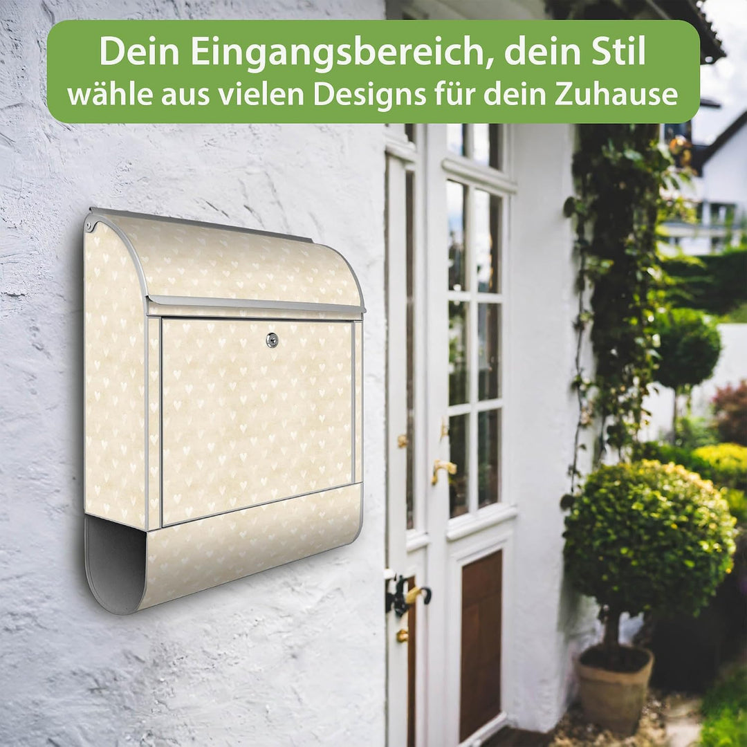banjado® Design Briefkasten mit Motiv Beige Herzen 39x47x14cm &amp; 2 Schlüssel - Briefkasten Stahl Silb