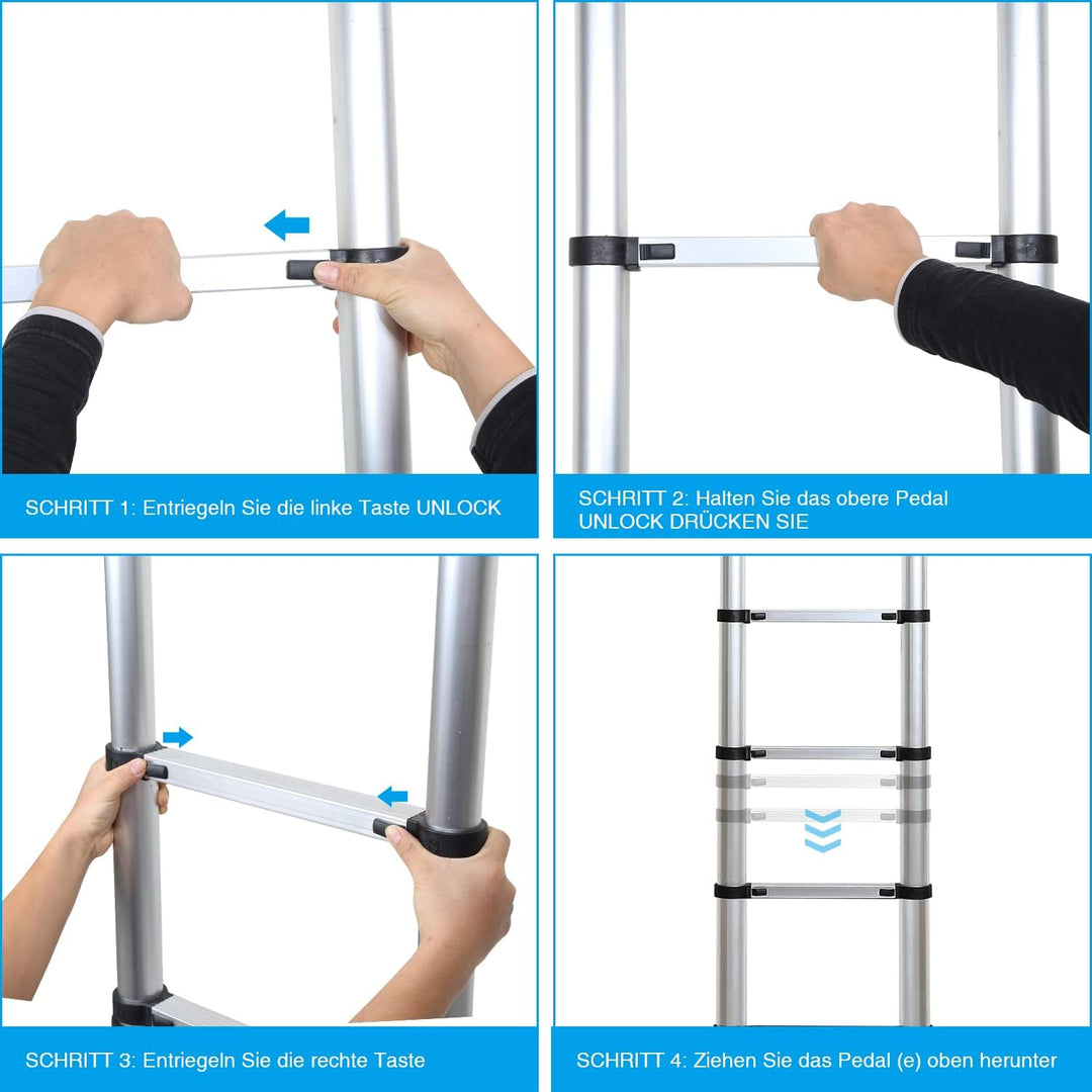 Herrselsam 2.6M Aluminium Teleskopleiter, Ausziehbare Leiter mit 2 Abnehmbarem Haken, Multifunktions