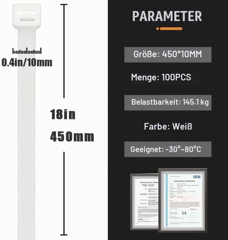 100 Stück Grosse lange Kabelbinder 450 mm x 10 mm, UV-Beständig ultra starke Kabelbinder mit 100 kg