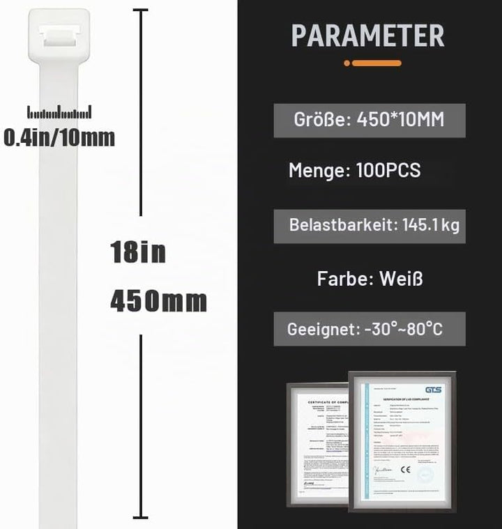 100 Stück Grosse lange Kabelbinder 450 mm x 10 mm, UV-Beständig ultra starke Kabelbinder mit 100 kg