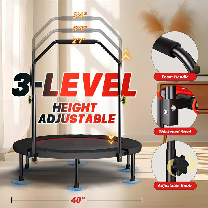 Fitness-Trampolin 102 cm für Erwachsene mit Haltestange, 3-Fach höhenverstellbar, leise Bungee-Seile
