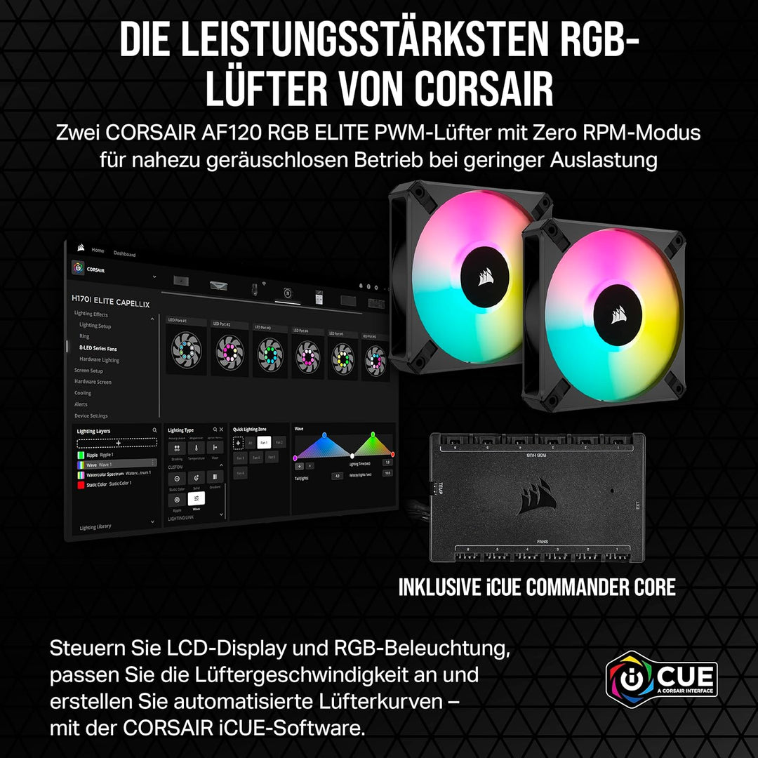 Corsair iCUE H100i Elite LCD XT Flüssig-CPU-Kühler - IPS-LCD-Bildschirm - Zwei AF120 RGB Elite-Lüfte
